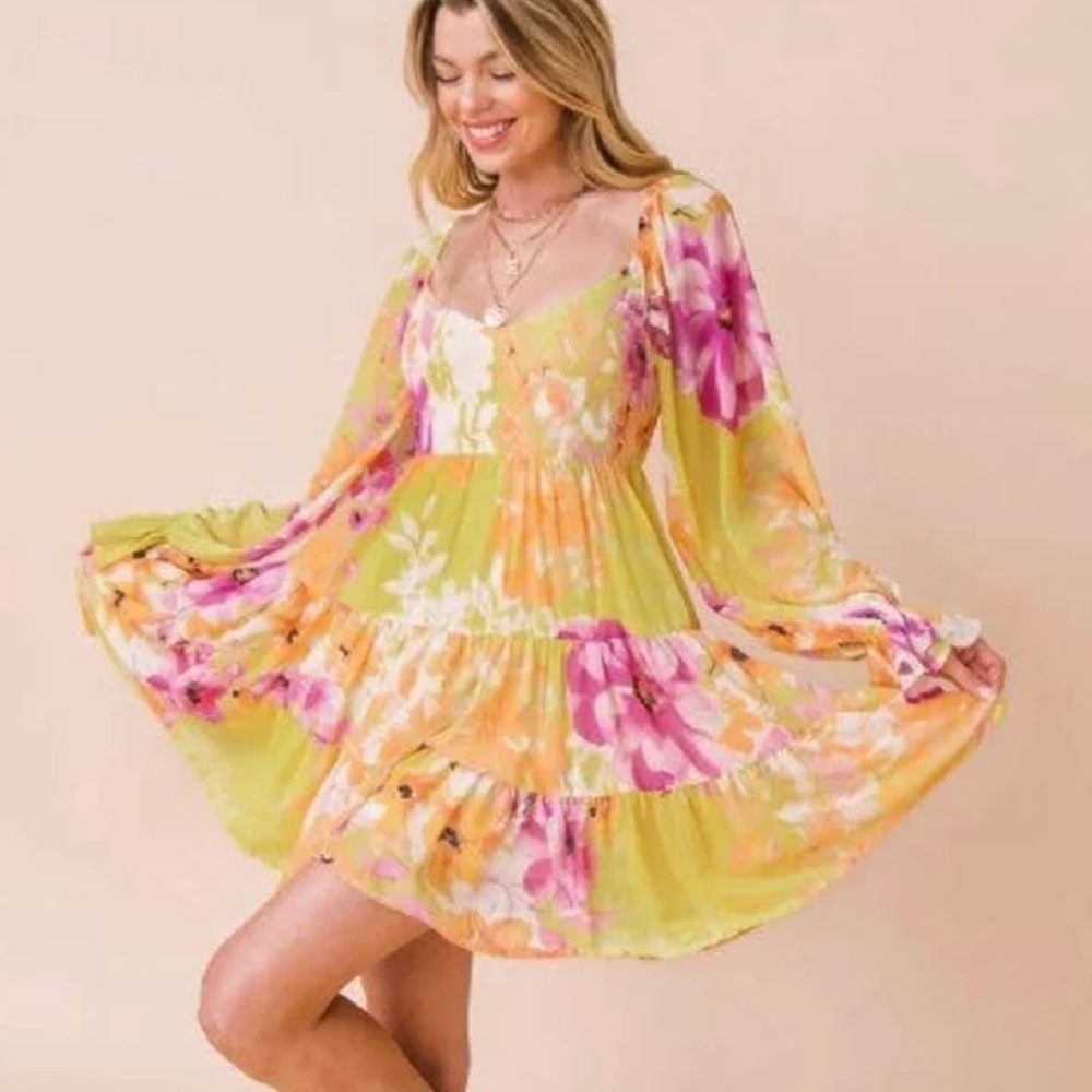 Square Neck Puffy Sleeve Smocked Babydoll Dress Floral Flowy Short Dress S